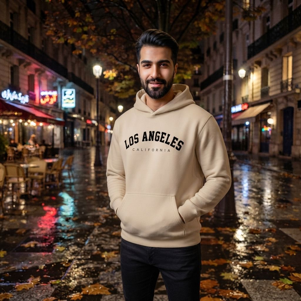 هودی کلاهدار و جیب دار مردانه زنانه مدل Los Angeles-کرم